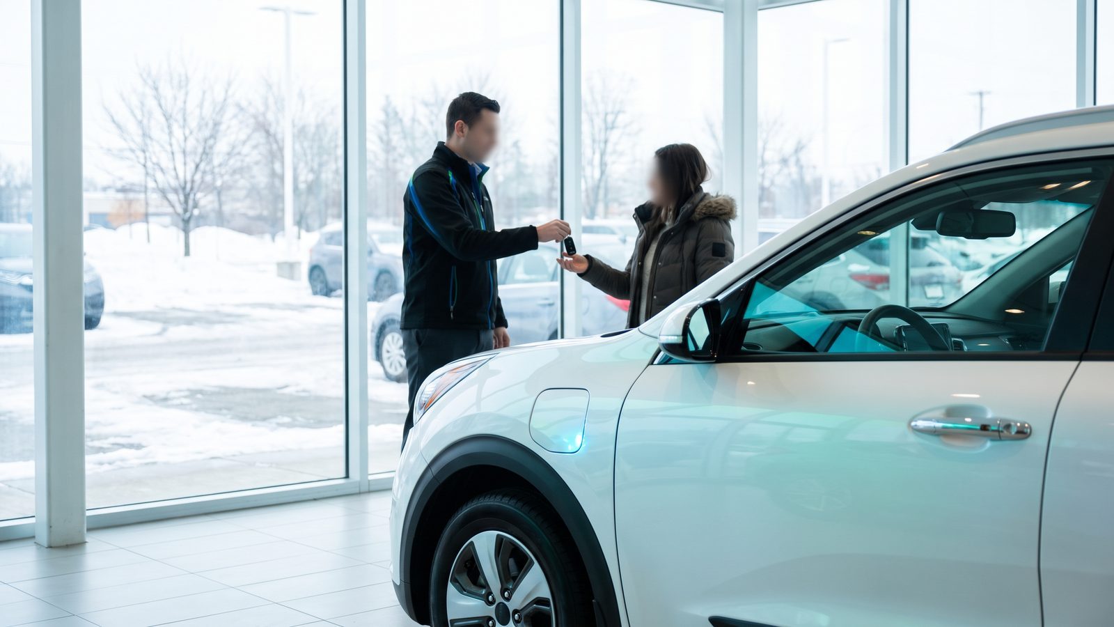 New electric car being handed over to a buyer at a Canadian dealership