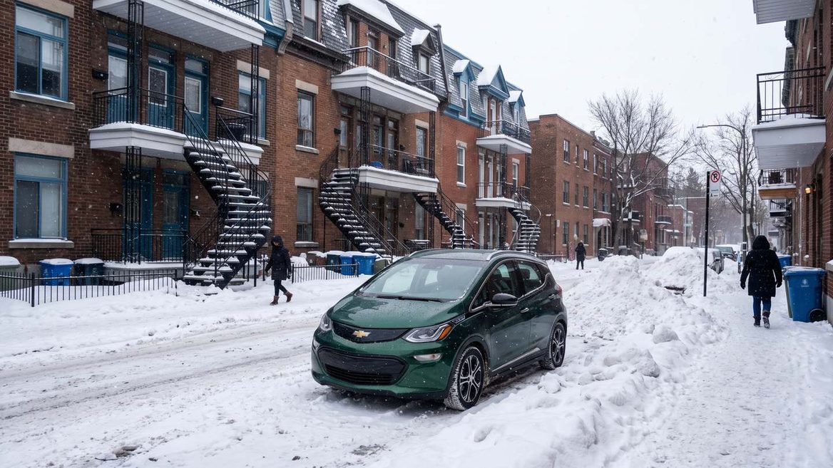 Electric car on a snowy Quebec street, where Roulez vert adds to the Canada EV rebate