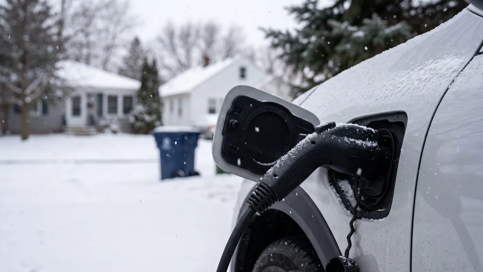 Charging cable plugged into an electric car on a snowy Canadian street, the way a Kia EV3 charges at home