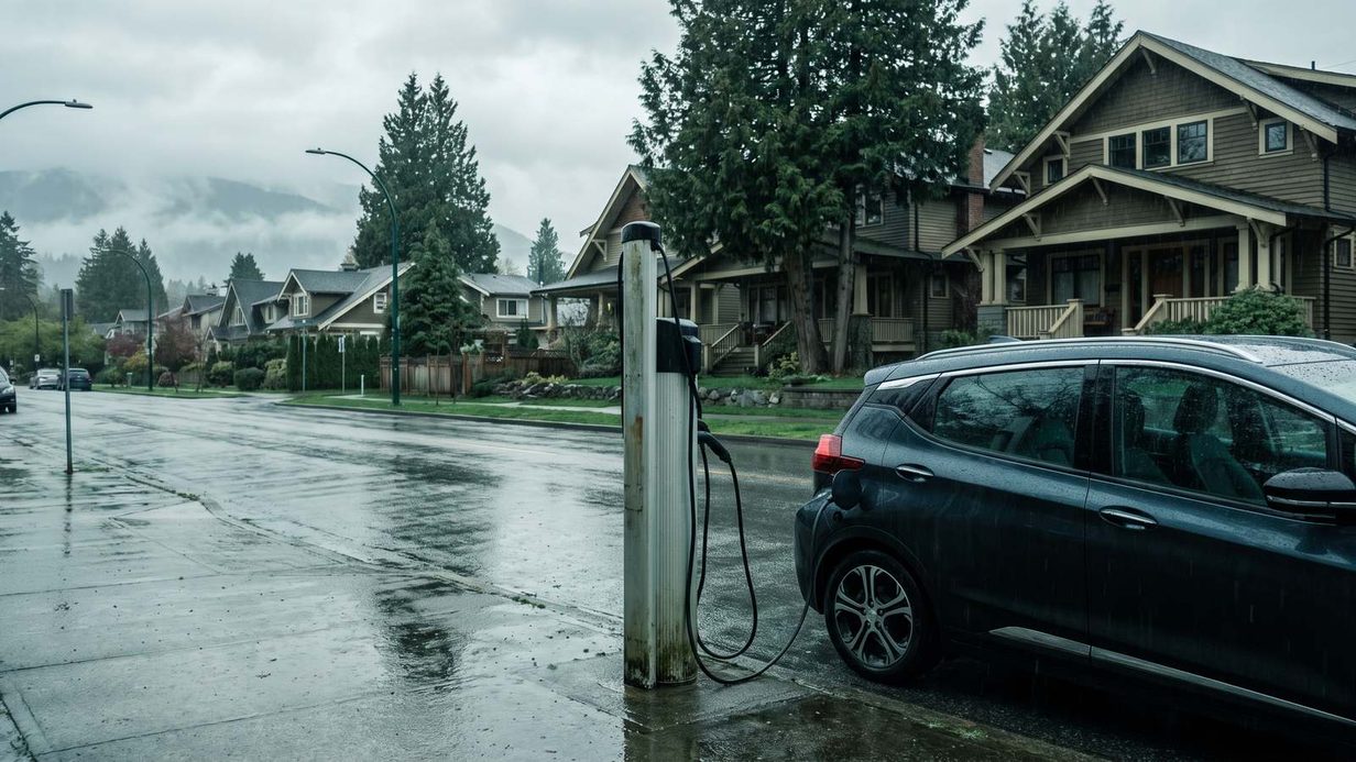 Electric car charging at a curbside charger on a rainy Vancouver street