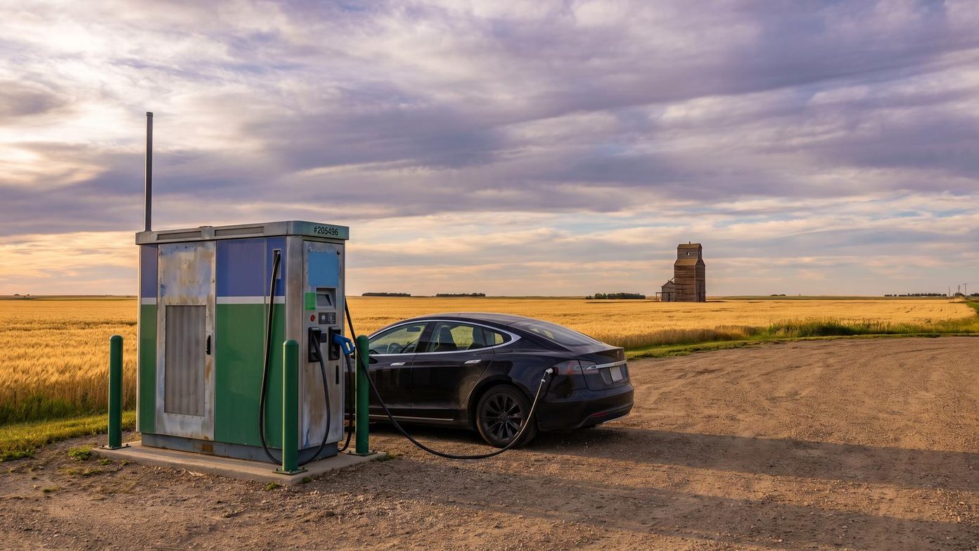 Public fast charger beside a prairie highway under a wide sky