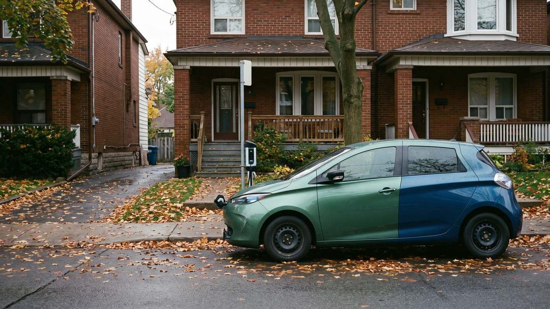 Electric car parked on a Toronto street lined with brick houses